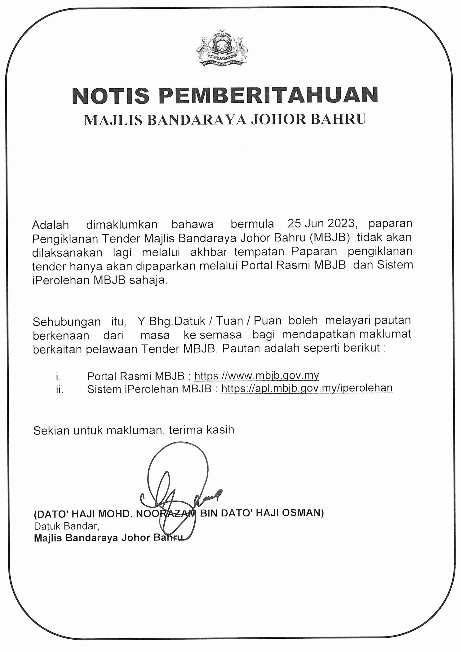 Notis Pemberitahuan Paparan Pengiklanan Tender MBJB